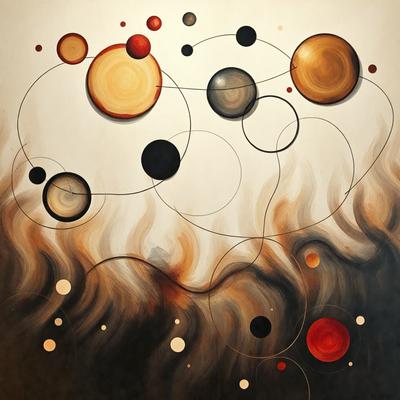 The primary subject of the image is a painting featuring a variety of circles and other shapes. The setting is a white background, and the visual style appears to be a combination of digital art and illustration. The painting has a vibrant and lively atmosphere, with the dominant colors being orange and red. The circles and other shapes are interconnected, creating a sense of movement and energy in the artwork.